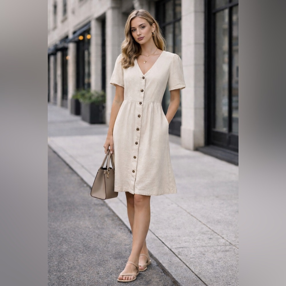 Monteau Los Angeles Linen Blend Button Front Dress Puff Sleeve Neutral